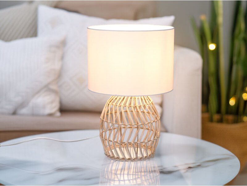 Reality Leuchten - Tischleuchte rike mit Rattan Geflecht & Stoffschirm in Weiß, Höhe 38cm