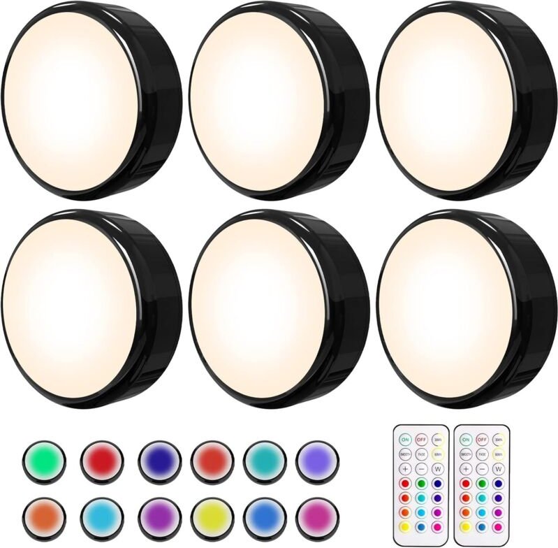 Puck Lights, 16 Farben, wechselbare LED-Push-Leuchten, batteriebetrieben, neues Upgrade, schwarz, dimmbar, Unterbauleuch...