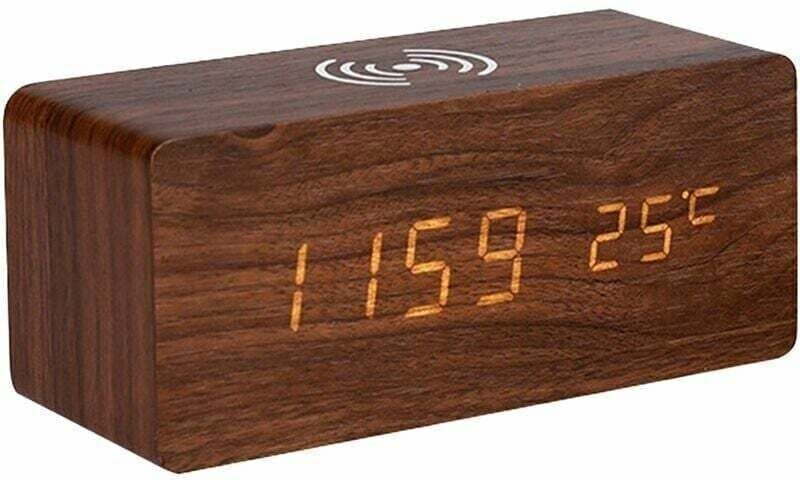 Digitaler Wecker aus Holz, elektronische LED-Zeitanzeige für Schlafzimmer, 10 w kabelloses Laden, 3 Alarmeinstellungen, ...