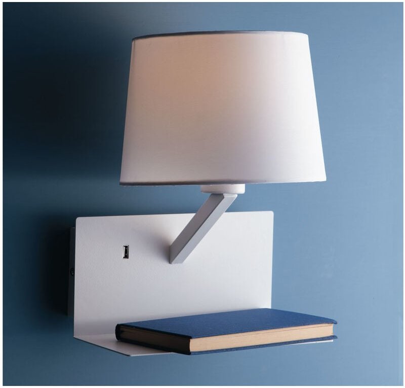 Eco-light - led Wandlampe Weiß mit Stoff Lampenschirm, usb Lampe mit Ladefunktion & Ablage