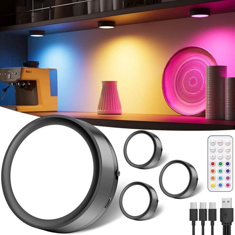 RGB LED Spot Akku mit Fernbedienung, 2400mAh USB Aufladbar Vitrinenbeleuchtung Kabellos Dimmbar Unterbauleuchte Küche LE...