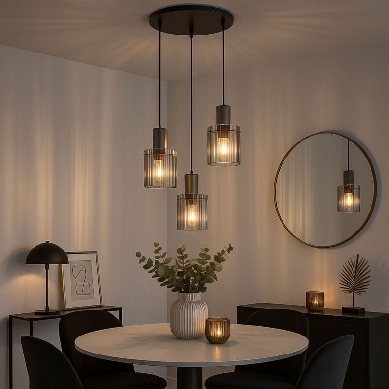 Hängeleuchte Pendelleuchte Esszimmerlampe Textil Glas rauchfarben 3 flammig