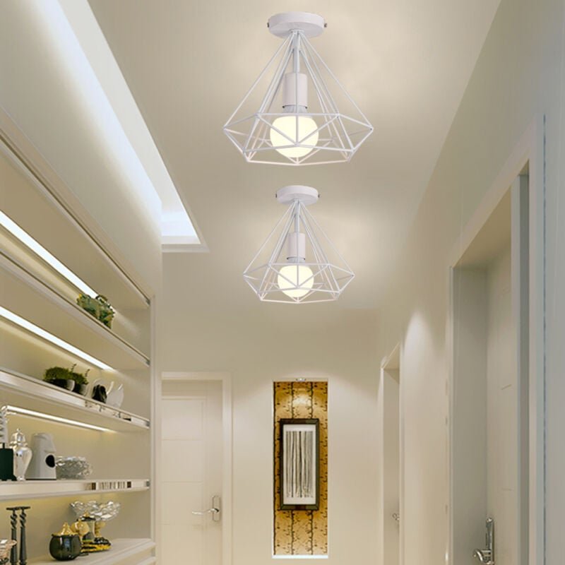 2 Stücke Vintage Industrie Deckenleuchte Käfig Deckenlampe Semi Flush Mount Wohnzimmerlampe Weiß Ø25cm