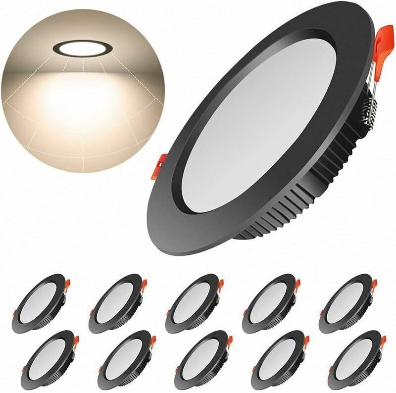 7W Einbau-LED-Spots, schwarz, extra flach, 10er-Pack, IP44, 3000K Warmweiß, 8-9CM Ausschnitt, runde Einbau-Deckenleuchte...
