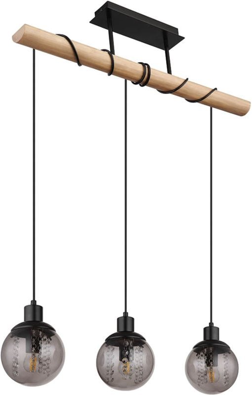 Pendellampe 3 flammig Esstischleuchte Hängeleuchte Wohnzimmer, Glas rauch, Metall schwarz, 3x E27,LxBxH 78x15x120 cm
