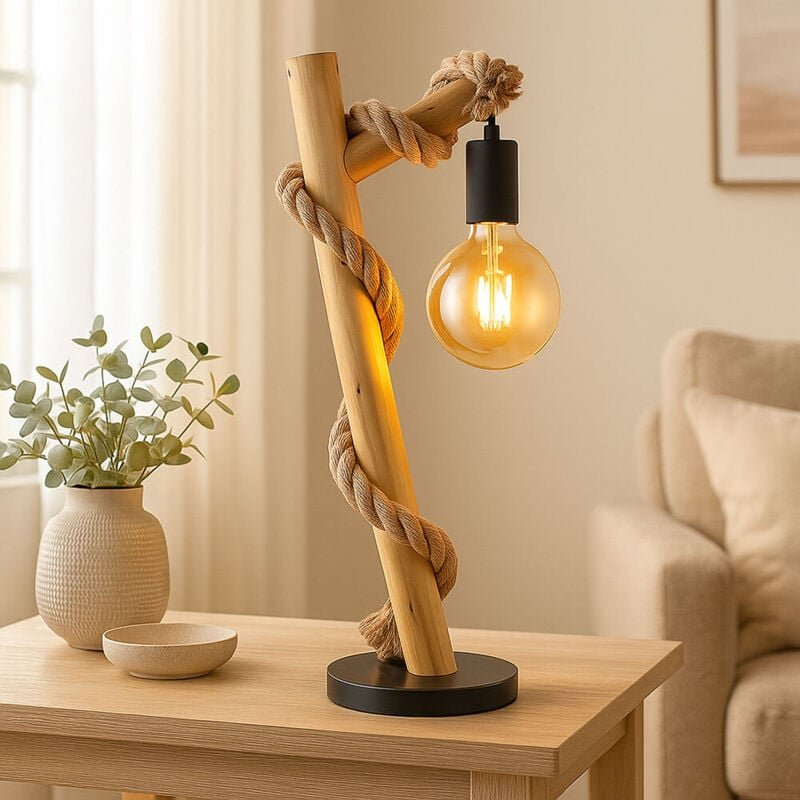 LED Tischlampe Holzleuchte Beistelllampe schwarz Hanfseil Landhaus Nachttischleuchte Rustikal Leselampe, Metall, 4W 320l...