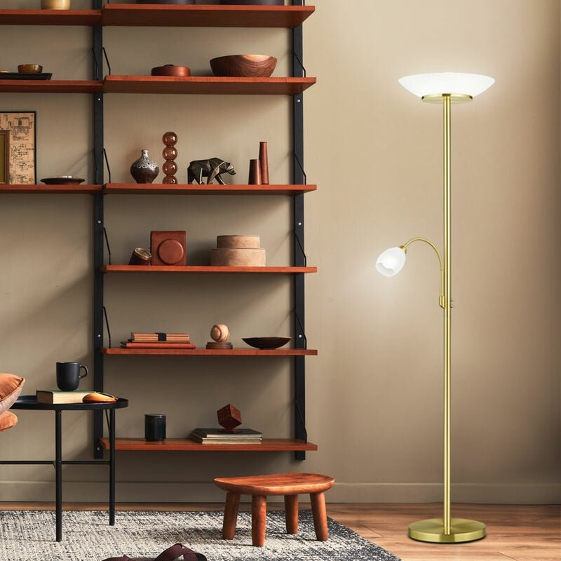 Stehlampe Standleuchte Wohnzimmerlampe Deckenfluter Metall messing farben mit flexiblem Lesespot, getrennt schaltbar, Gl...