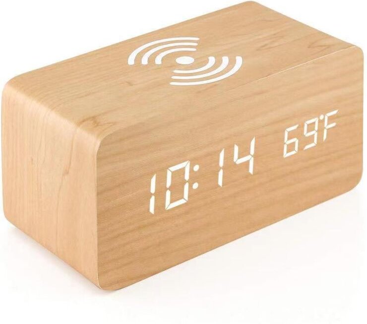 Réveil en Bois avec Coussin De Charge sans Compatible avec pour Iphone Samsung Horloge Numérique led en Bois Fonction De...