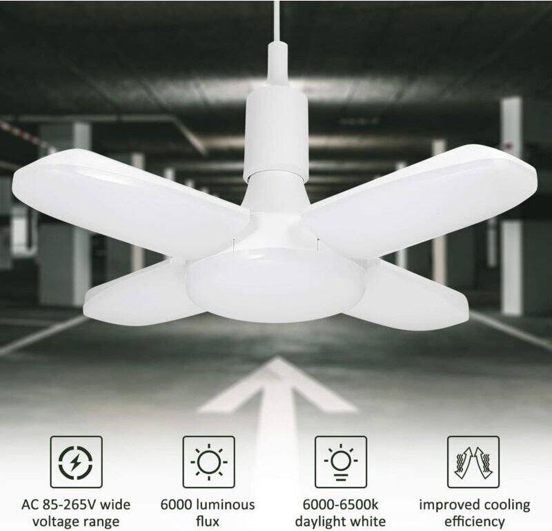 LED-Garagenleuchte, 60 W, E26/E27, 6500 K, 6000 lm, verstellbare 4-Panel-LED-Deckenleuchte für Garage, Lagerhalle, Werks...