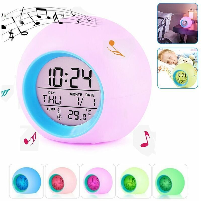 Kinderwecker, LED-Wecker mit 7 Farbwechseln, 6 natürliche Geräusche zur Schlafverbesserung, digitaler LED-Wecker fürs Sc...