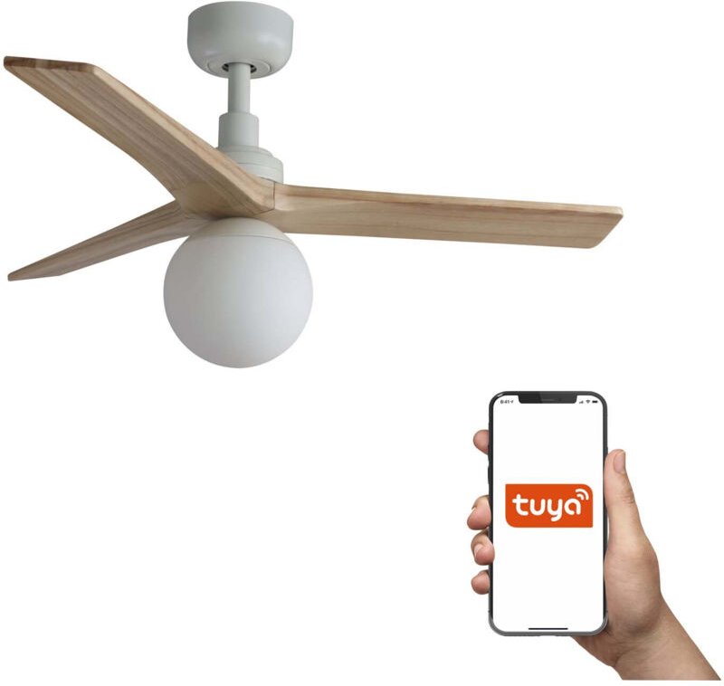 Faro Klim Kleiner 3-Flügel-Deckenventilator Mattweiß, Eichenholz mit Licht 1x E27 Tuya Smart System