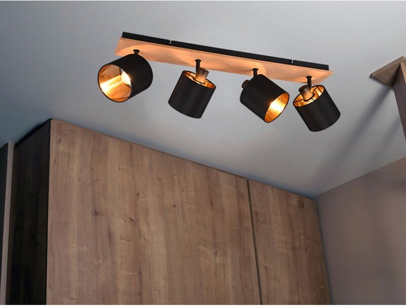 Meinewunschleuchte - led Deckenstrahler 4-flammig Holz, Stoffschirme Schwarz Gold, Breite 70cm
