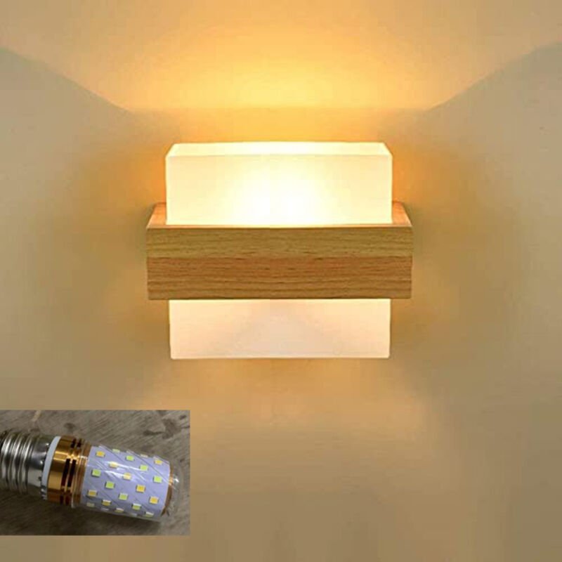 Wandleuchte aus Naturholz und Glas, E27-Fassung, moderne Flurwandleuchte, 3000–6000 K, dekorative LED-Nachttischlampe