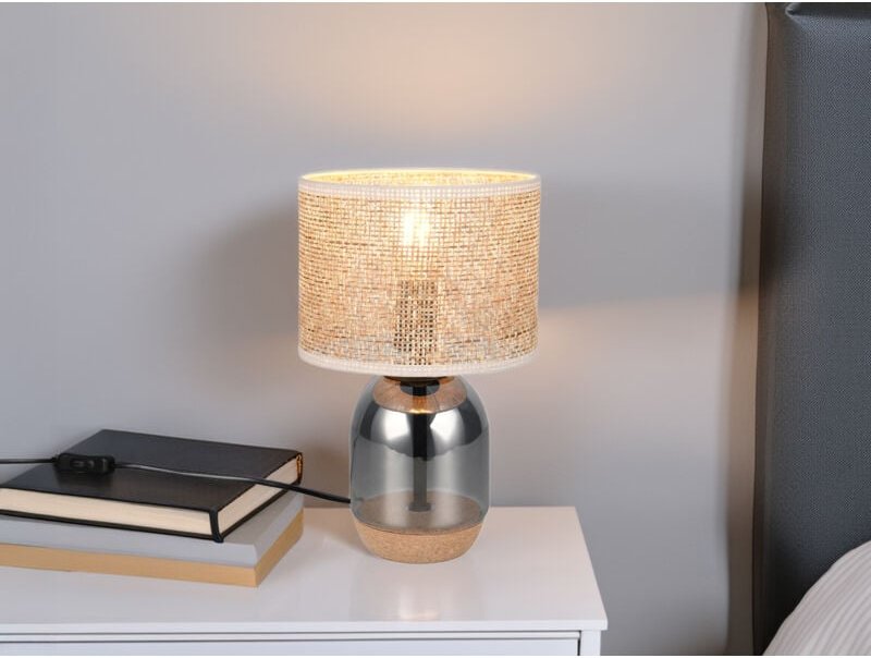 Tischleuchte tara mit Rattanschirm, Kork und Glasfuß, Höhe 32cm