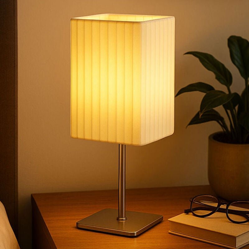 Led Tischleuchte Textil Beistellleuchte Chrom Nachttischlampe Schlafzimmer Stoffschirm, 3W 250Lm warmweiß, LxBxH 10x10x2...