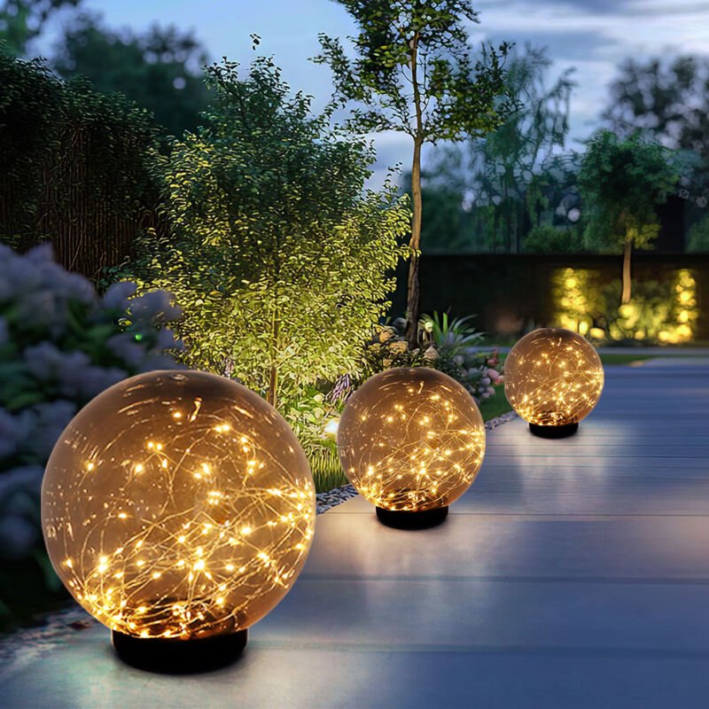 Solarleuchten Stecklampe Kugelleuchten Erdspieß Solar Außenleuchte Kugel, rauchfarben, led warmweiß, d 15-20 cm, 3er Set