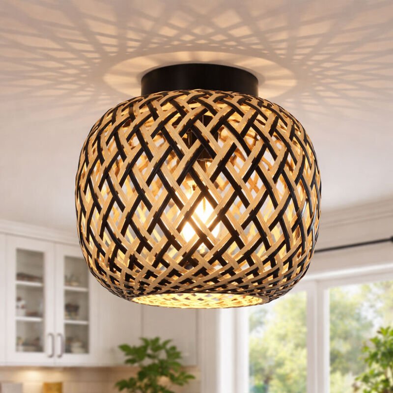 LED Deckenlampe Deckenleuchte Wohnzimmerlampe Boho Stil Bambus Esstischlampe, Metall Geflecht, 1x 7W 630Lm warmweiß, DxH...