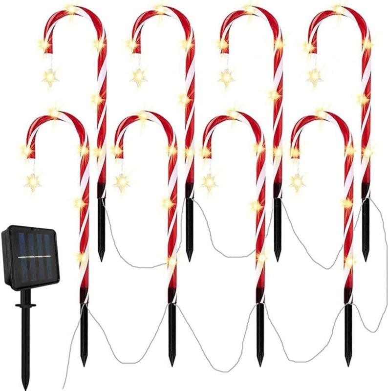 Weihnachtsbeleuchtung für den Außenbereich – 8 Solar-LED-Gartenleuchten in Zuckerstangenform, Wegeleuchten (Warmweiß)