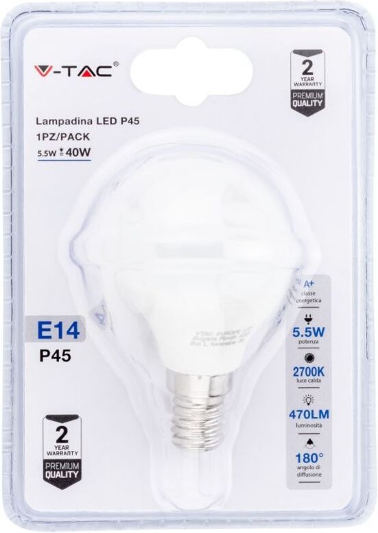 V-tac - LED-Glühbirne E14 5,5 w P45 Warmweiß (Blisterpackung mit 1 Stück)