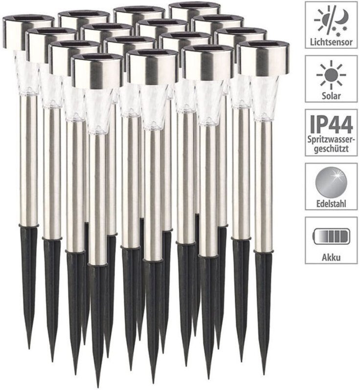Set mit 16 Solar-LED-Pollerleuchten, Gartensteckerleuchten