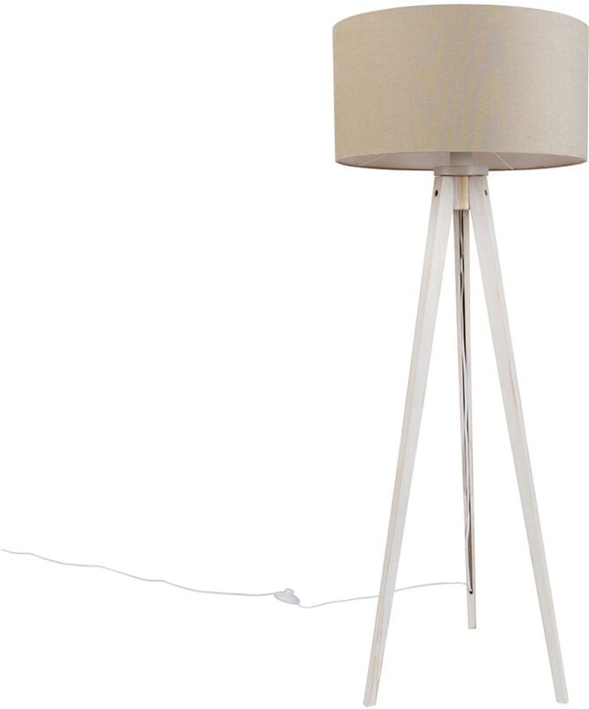 Stativ-Stehleuchte weiß mit hellbraunem Stoffschirm 50cm - Tripod Classic