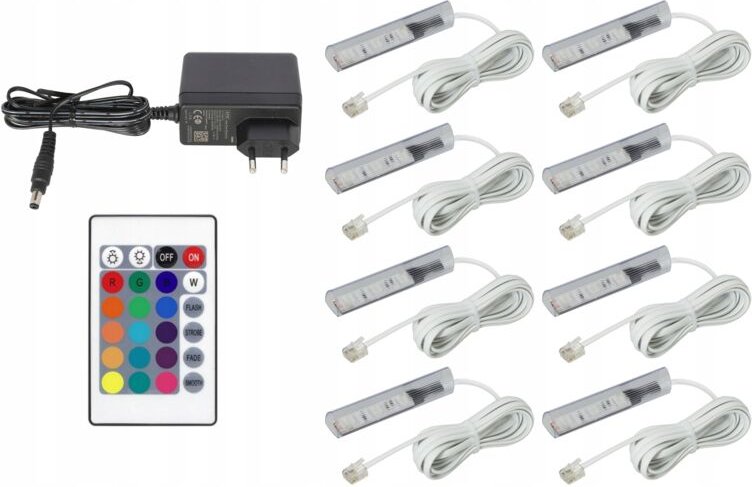 8 RGB-LED-Clips für Glasregale, Set mit Kabel, weiß