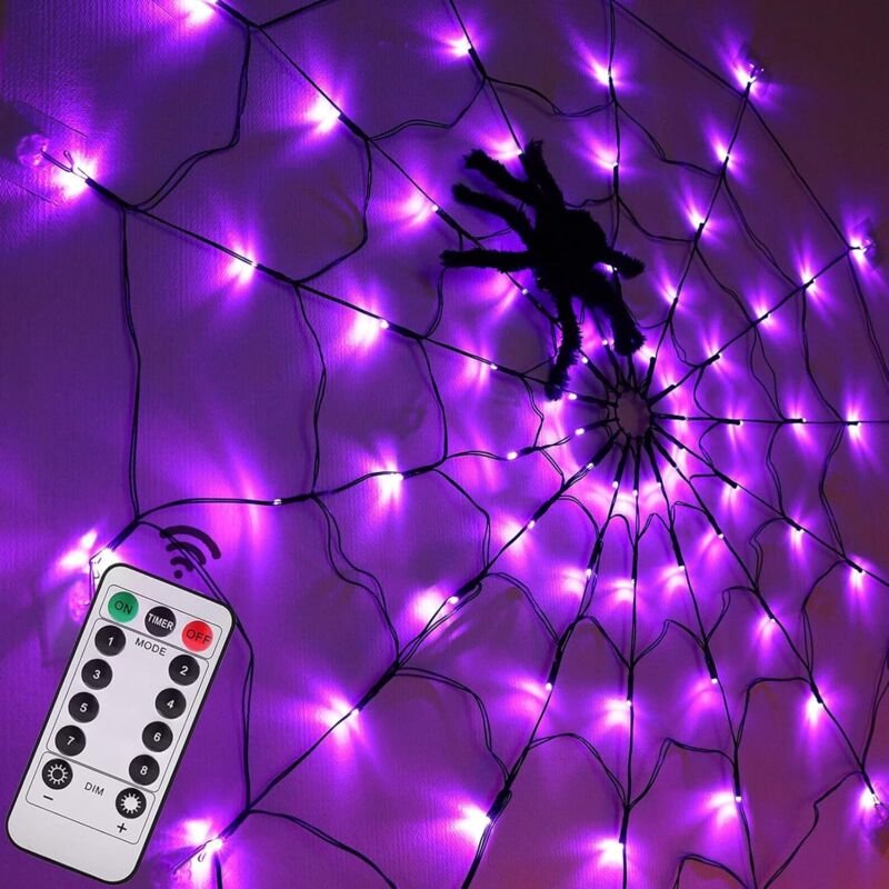 Halloween-Dekoration in Spinnennetzform – 1,2 m Durchmesser, 70 LEDs mit schwarzer Spinne, wasserdichtes Lichternetz, Li...
