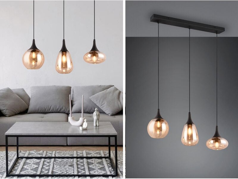 Led Pendelleuchte 3-flammig, Glas amberfarbig, Breite 70cm