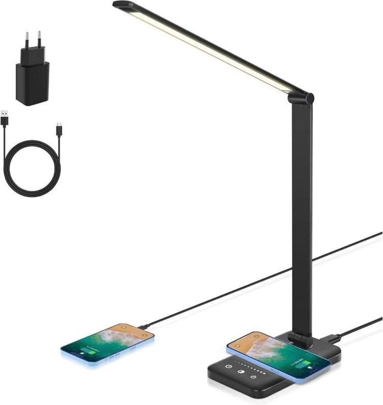 LED-Schreibtischlampe, dimmbare Tischlampe mit kabelloser Ladefunktion, 7,5 W und USB-Ladeanschluss, Leselampe zum Schut...