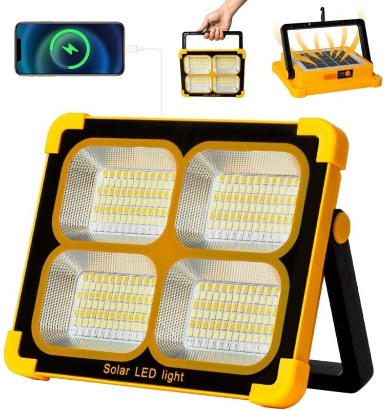 Wiederaufladbarer 100-W-LED-Fluter: Baustellen-LED-Fluter mit Solarpanel – 12000-mAh-USB-Arbeitsleuchte mit 4 Beleuchtun...