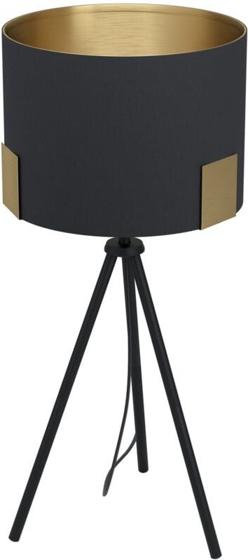 Stativ Tischlampe Tortola 1, Textil Tischleuchte aus Stoff und Metall in schwarz und Messing-Gebürstet, kleine Dreibein ...