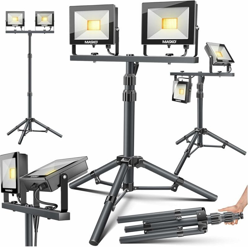 Doppelte LED-Arbeitsleuchte mit 8000 Lumen (2 x 50 W), inklusive Stativ und Fernbedienung. 72 LEDs. 180° drehbar. 5 m Ka...