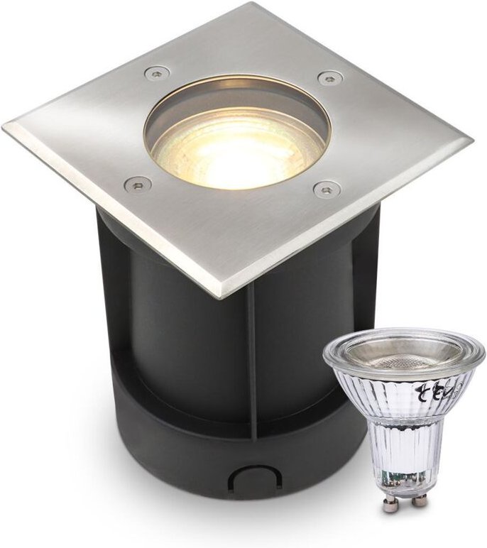 LED Bodeneinbaustrahler eckig Edelstahl 230V IP67 - Leuchtmittel: GU10 5W 2700K DIMMBAR - Anzahl: 1x