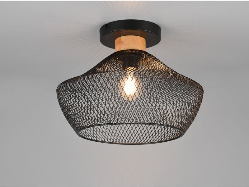 Vintage LED Deckenleuchte Drahtgeflecht Schwarz mit Holz Ø 35cm