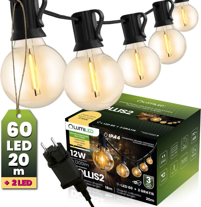 Lichterkette für den Garten, 20 m, 60 LEDs + 2 Glühbirnen à 12 W, warmweiß (2700 K), DOLLIS2 LUMILED