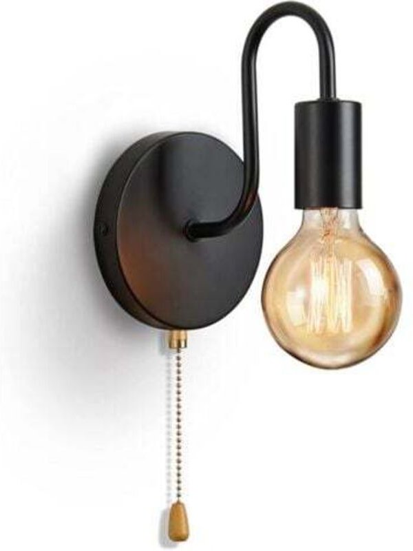 Innenwandleuchte mit Zugschalter, Industrielle Vintage Wandlampe Schwarz Eisen E27 Innenleuchten für Schlafzimmer Flur W...