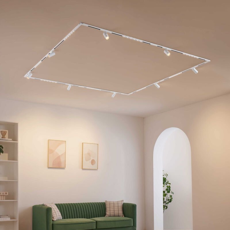 Große weiße Schienen Deckenleuchte mit 8 schwenkbaren Spots 104W LED - Externer Transformator - Lyne