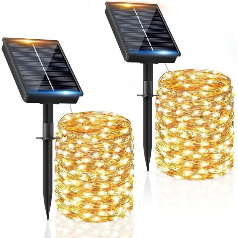 Solarbetriebene Lichterkette für den Außenbereich, 2 x 20 m, 200 LEDs, wasserdicht, warmweißes Licht, 8 Beleuchtungsmodi