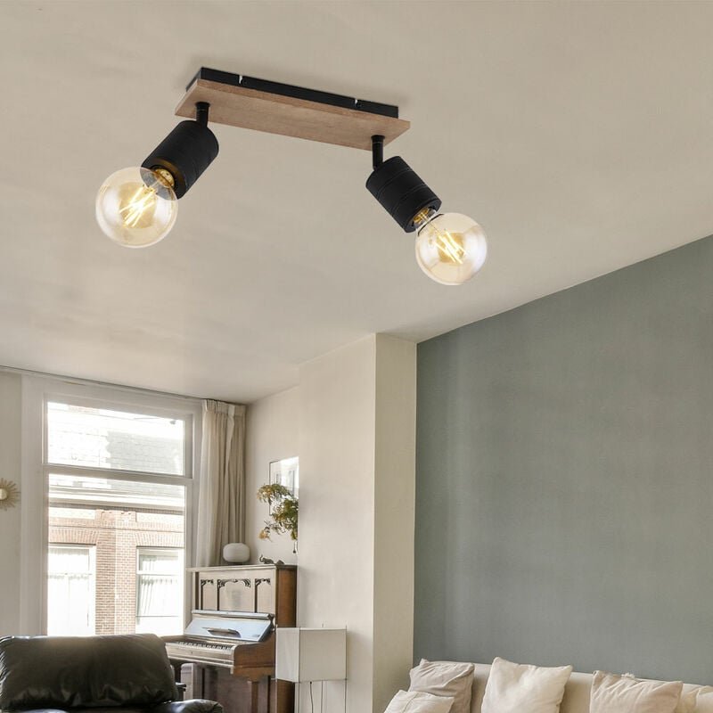 Spotleuchte Wohnzimmerlampe Deckenleuchte 2 flammig Spots beweglich Holzoptik, Metall schwarz, 2x E27 Fassungen, LxBxH 3...