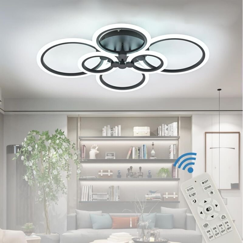 Moderne, dimmbare LED-Deckenleuchte, 6-Ring-Einbauleuchte, Acrylschirm, Fernbedienung, schwarzer LED-Kronleuchter für Zu...