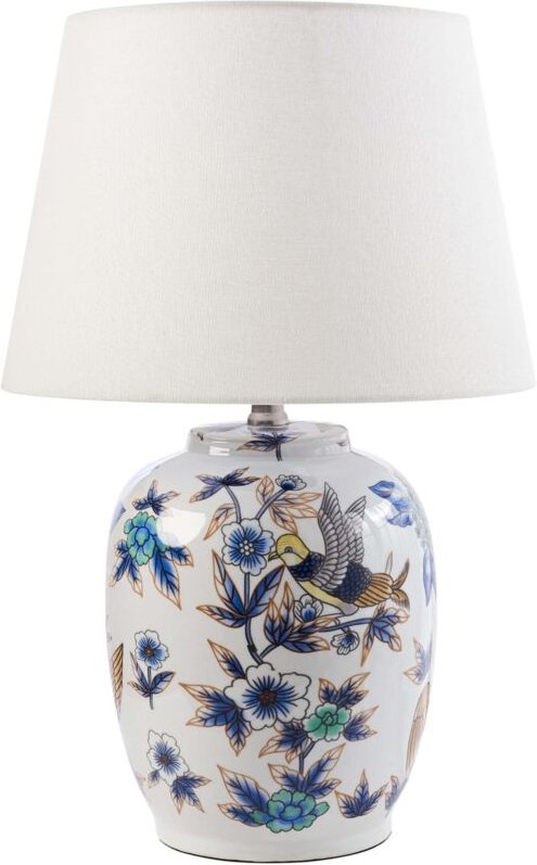 Beliani - Tischlampe Weißer und blauer Porzellansockel Leinen-Trommelschirm mit floralem Muster Beleuchtung Stilvoll