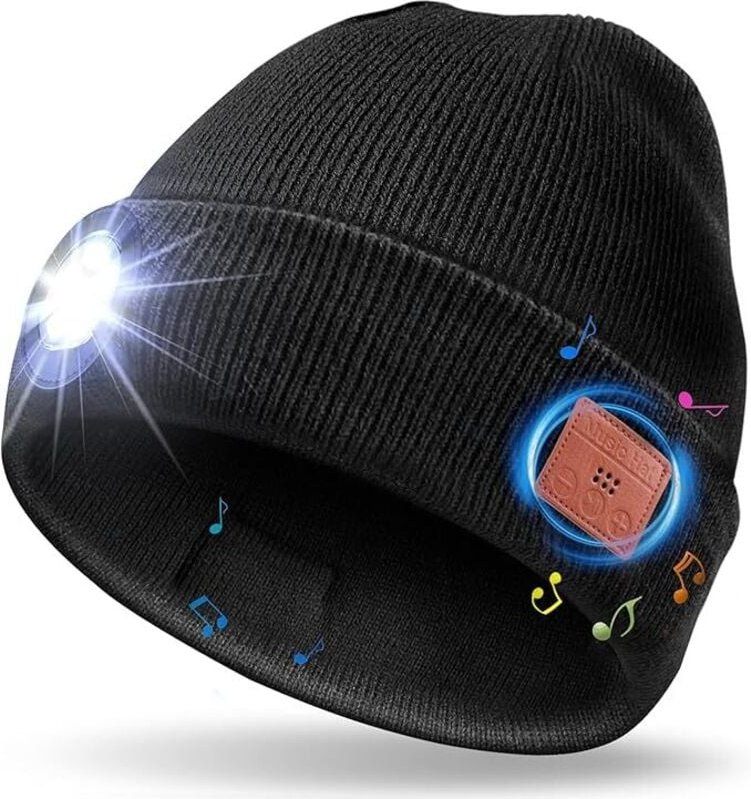 Bluetooth Beanie mit LED-Lampe, Geschenkidee für Männer, Bluetooth Beanie, wiederaufladbare Stirnlampe, originelles Weih...