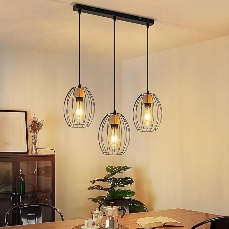 GBLY Hängelampe Vintage Pendelleuchte Esstisch 3 Flammig Schwarz Metall Holz E27 Retro Für Wohnzimmer Schlafzimmer Küche...