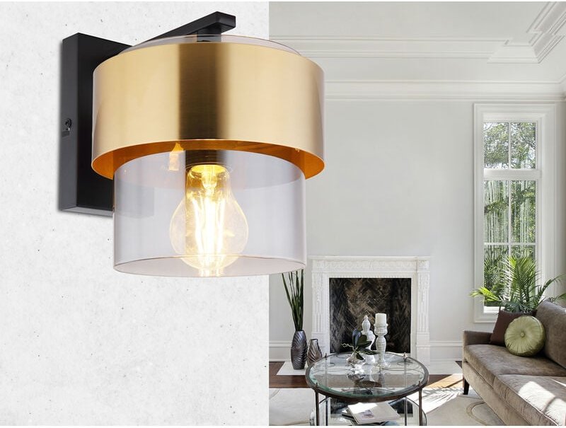 Meinewunschleuchte - led Wandleuchte mit Rauchglas Lampenschirm Messingring, Höhe 21,5cm