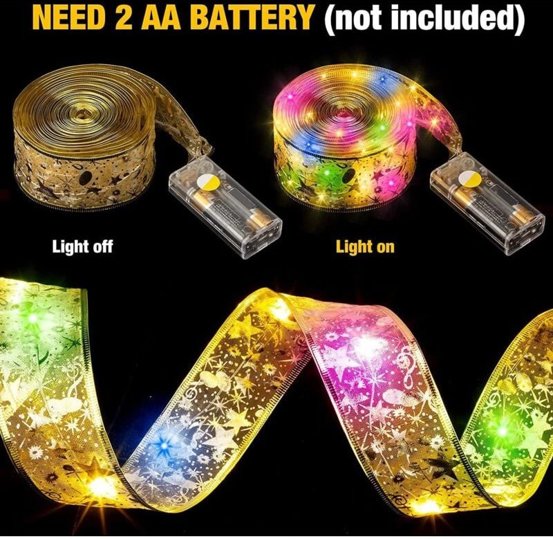 LED-Lichterkette mit Band für Weihnachtsbaumschmuck, doppellagig, bronzierendes Satinband, Kupferdraht (4 Meter goldenes...