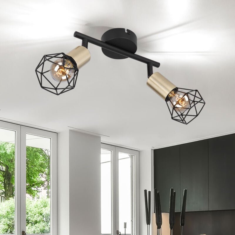 Vintage Deckenstrahler Deckenleuchte 2 flammig Spotleuchte Metall schwarz, Spots beweglich, Metallgeflecht Retro gold, 2...