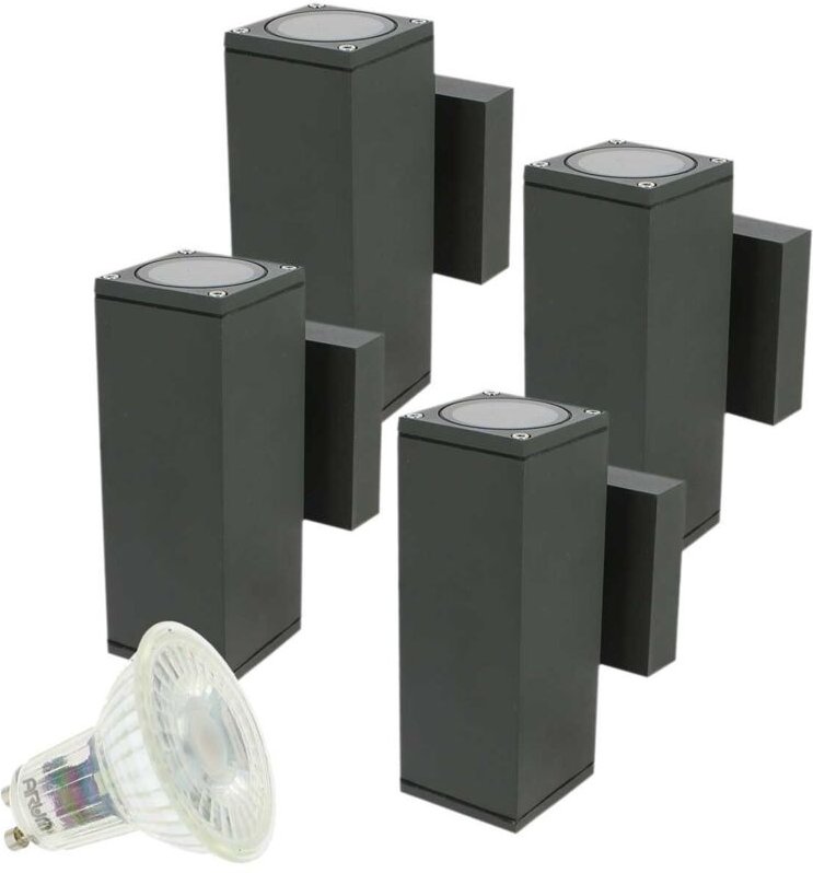 4er Set Wandleuchten VENICE Quadratisch Anthrazitgrau Outdoor Double Beam mit 8 GU10 5W LED Birnen Farbtemperatur: Warmw...