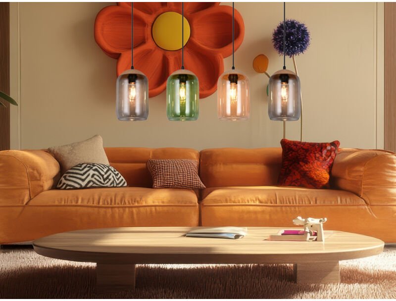 Pendelleuchte cork mit bunten Lampenschirmen aus recyceltem Glas, b: 90cm