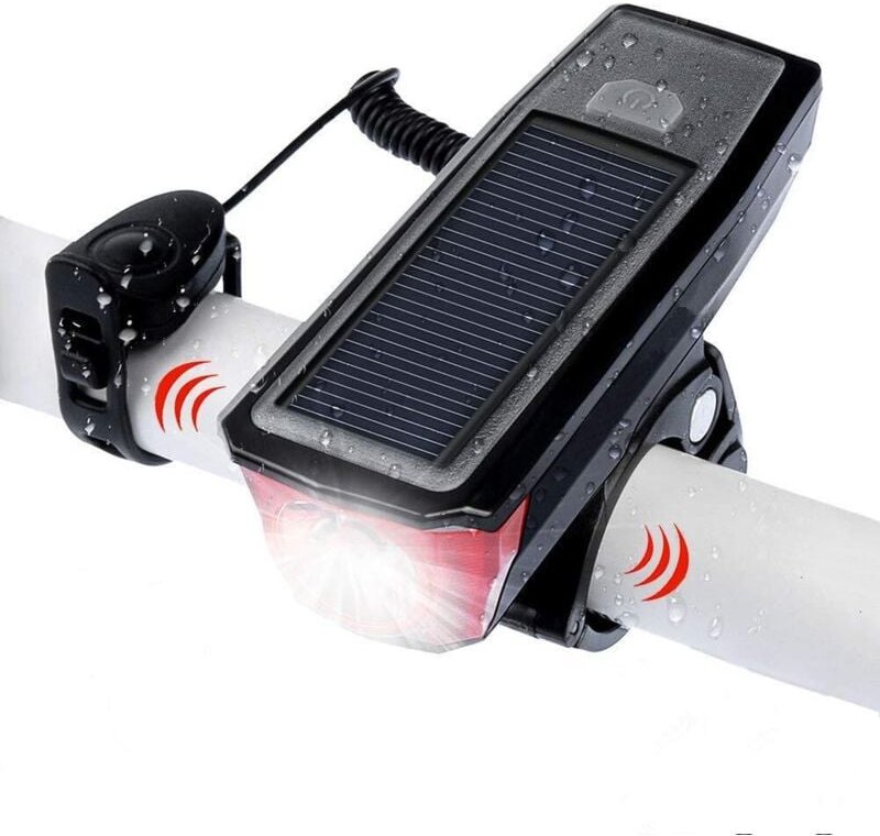 Fahrradscheinwerfer, USB-wiederaufladbarer Solar-Stirnscheinwerfer mit 4 Modi und Klingel für zusätzliche Sicherheit.