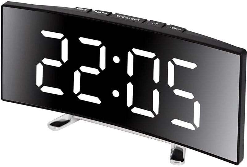 Elektronischer Wecker mit gebogenem LED-Display, Spiegeltemperaturanzeige, Schlummerfunktion, geräuschlosem Betrieb, bat...